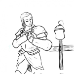 Dibujo para colorear Dibujo De Caballero Medieval Poniendose Su Armadura Con El Casco Colgado En Una Estaca