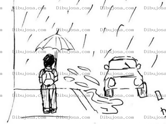 Dibujo para colorear Dibujo De Hombre Con Paraguas Caminando En La Banqueta Mojado Y Salpicado Por Un Carro Para Pintar Y Colorear