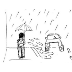 Dibujo para colorear Dibujo De Hombre Con Paraguas Caminando En La Banqueta Mojado Y Salpicado Por Un Carro Para Pintar Y Colorear