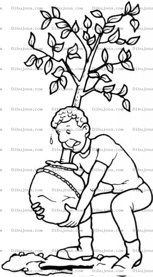 Dibujo para colorear Dibujo De Un Hombre Plantando Un Arbolito En El Suelo Para Pintar Y Colorear