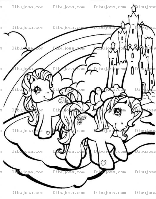 Dibujo para colorear caballitos pony en su castillo para pintar