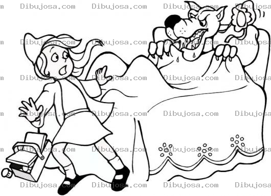 Dibujo para colorear Caperucita Y El Lobo En La Cama De La Abuelita Para Pintar Y Colorear Lobo Feroz mala hoja