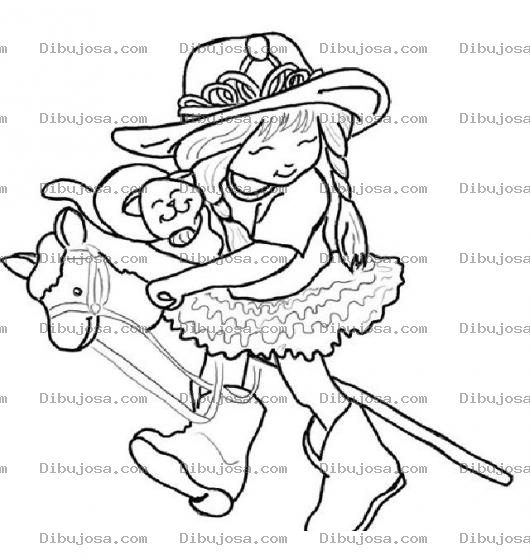 Dibujo para colorear nina con un caballito para pintar
