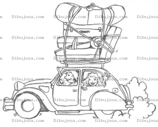 Dibujo para colorear Dibujo En Familia De Vacaciones Viajando En Un Carro Lleno De Maletas Para Pintar Y Colorear