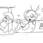 Dibujo para colorear Dibujo De Pitufo Astronauta Jalando A Papa Pitufo Para Pintar Y Colorear