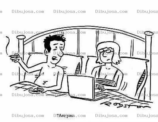 Dibujo para colorear Dibujo De Esposa Adicta Al Internet Con Laptop En La Cama Para Pintar Y Colorear