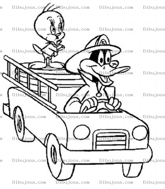 Dibujo para colorear Dibujo De Pato Lucas Y Piolin En Un Carro De Bomberos Para Pintar Y Colorear