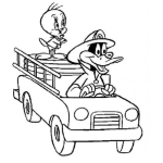 Dibujo para colorear Dibujo De Pato Lucas Y Piolin En Un Carro De Bomberos Para Pintar Y Colorear