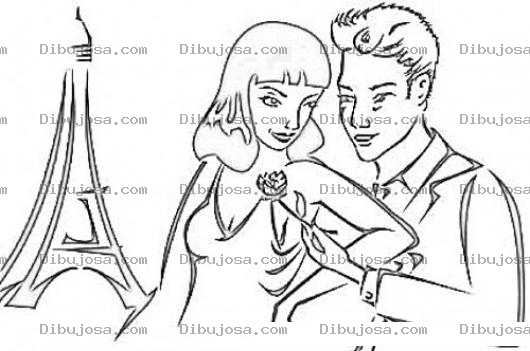 Dibujo para colorear Dibujo De Pareja Enamorada De Luna De Miel En Paris Frente A La Torre Eifel Para Pintar Y Colorear