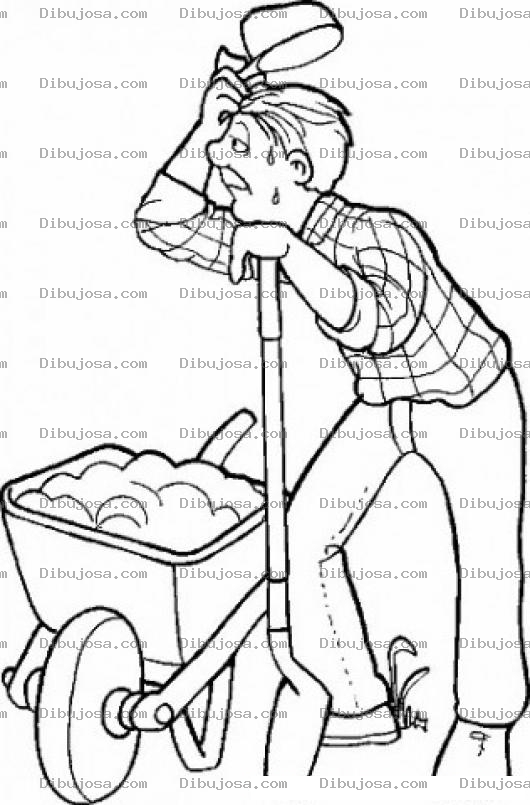 Dibujo para colorear Dibujo De Hombre Del Campo Cansado Con Una Pala Y Una Carreta Para Pintar Y Colorear A Un Granjero Sudando