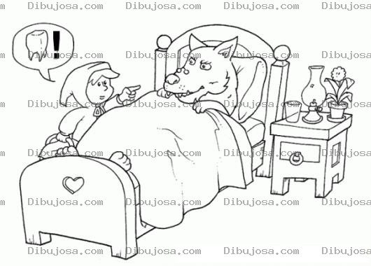 Dibujo para colorear Abuelita Que Dientes Tan Grandes Tienes Dibujo De Caperucita Preguntandole A Lobo Sobre Sus Dientes Para Pintar Y Colorear Lobo En Cama De Abuelita