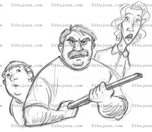 Dibujo para colorear Dibujo De Hombre Defendiendo A Su Familia De Los Ladrones Con Una Escopeta Cuache Para Pintar Y Colorear