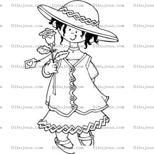 Dibujo para colorear Dibujo De Nina Con Sombrero Y Rosa Para Pintar Y Colorear