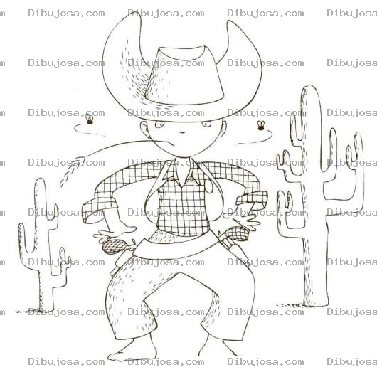 Dibujo para colorear Dibujo De Vaquerito Del Oeste Para Pintar Y Colorear Vaquero Sin Zapatos En Medio De Dos Cactus