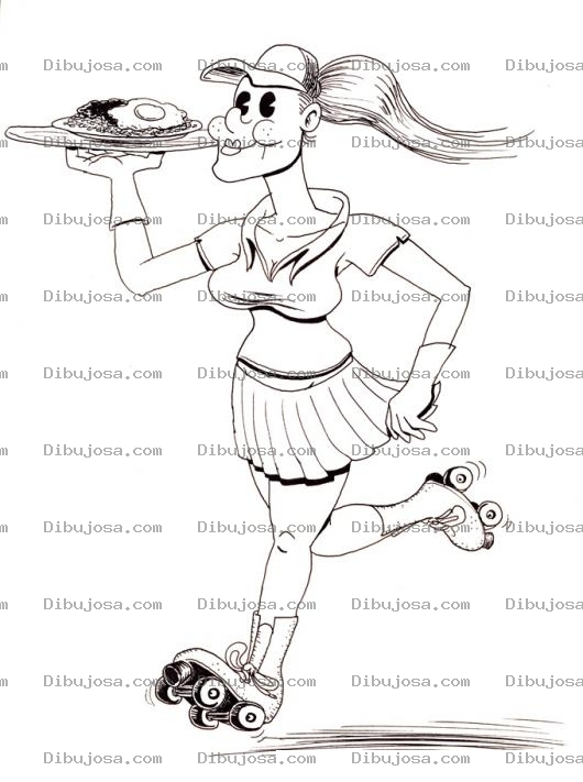 Dibujo para colorear Dibujo De Mesera En Patines Llevando Un Plato De Huevos Rancheros Con Frijoles Y Crema Para Pintar Y Colorear