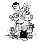 Dibujo para colorear Dibujo De Familia Con 3 Hijos Y 2 Mascotas Para Pintar Papa Mama Hermana Hermano Y Hermanito Con Gato Y Perro