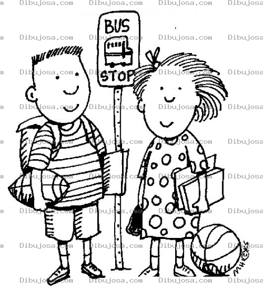 Dibujo para colorear Ninos En Parada De Bus Para Pintar Y Colorear Dibujo De Dos Estudiantes Esperando El Bus Del Colegio