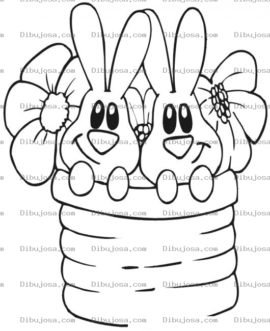 Dibujo para colorear Dibujo De Dos Conejitos Metidos En Un Bote Con Dos Flores Para Pintar Y Colorear