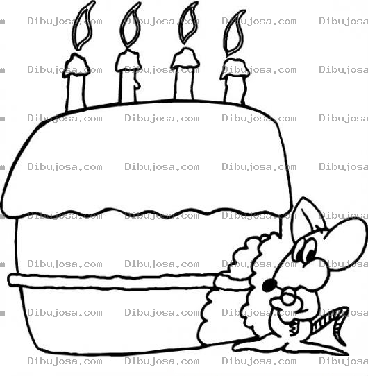 Dibujo para colorear Dibujo De Raton Comiendo Pastel De Cumpleanos Con 4 Velitas Para Pintar Y Colorear