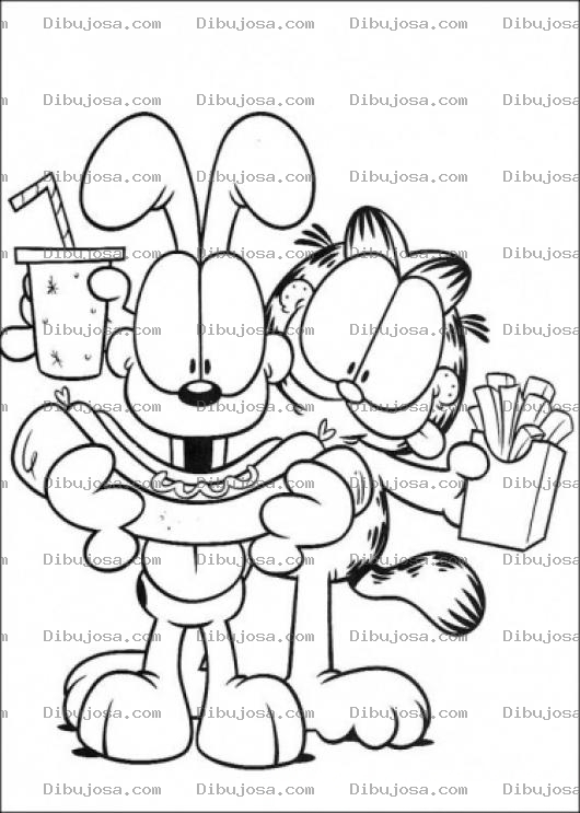 Dibujo para colorear Oddie Y Garfield Comiendo Hotdog Con Papas Fritas Y Soda Para Pintar Y Colorear A Garfiel Y Odi