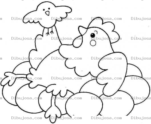Dibujo para colorear Dibujo De Gallina Empollando Huevos Con Un Pollito A Su Lado Para Pintar Y Colorear