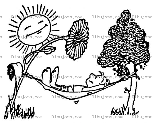 Dibujo para colorear Dibujo De Hombre Descansando En Una Hamaca Amarrada A Un Arbol Y A Una Flor Para Pintar Y Colorear