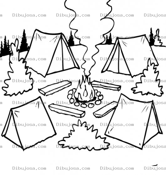 Dibujo para colorear Dibujo De Carpas Acampando En Un Campamento Con Una Fogata Para Pintar Y Colorear