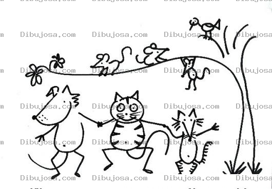 Dibujo para colorear Dibujo De Perro Gato Y Taron De Amigos Para Pintar Y Colorear Con Un Pajarito Y Ratones En Un Arbol