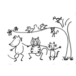Dibujo para colorear Dibujo De Perro Gato Y Taron De Amigos Para Pintar Y Colorear Con Un Pajarito Y Ratones En Un Arbol