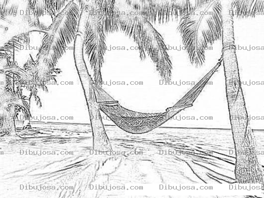 Dibujo para colorear Dibujo De Hamaca Amarrada En Dos Palmeras En Frente Del Mar Caribe Para Pintar Y Colorear Vacaciones En La Playa