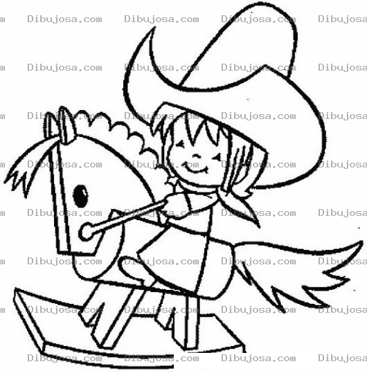 Dibujo para colorear Nina Vaquerita En Caballito De Madera Para Pintar Y Colorear