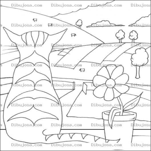 Dibujo para colorear Dibujo De Gato Viendo Un Paisaje Con Vacas Para Pintar Y Colorear