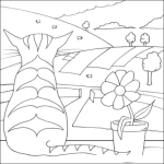 Dibujo para colorear Dibujo De Gato Viendo Un Paisaje Con Vacas Para Pintar Y Colorear