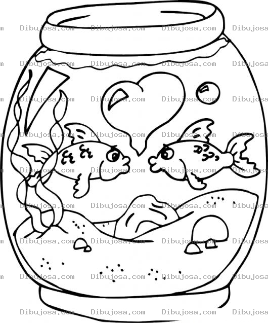 Dibujo para colorear Dibujo De Pescaditos Enamorados En Una Pecera Para Pintar Y Colorear Pecesito Y Pecesita Con Un Corazon de Peces Enamorados