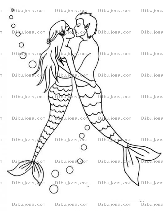 Dibujo para colorear Dibujo De Sirena Y Sireno Enamorados Para Pintar Y Colorear A La Sirenita Con Su Novio