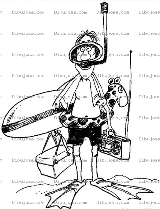 Dibujo para colorear Vacaciones En La Playada Dibujo De Hombre Con Implementos De Playa Para Pintar Y Colorear Tabla De Surf Pataletas Hielera Snorkel Careta Toalla Salvavidas Y Radio Grabadora