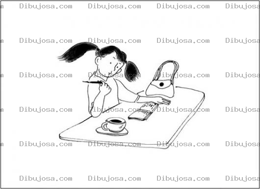 Dibujo para colorear Dibujo De Chica Leyendo Su Agenda Y Tomando Un Cafe Para Pintar Y Colorear El bloc de notas o El Diario De Una Nina