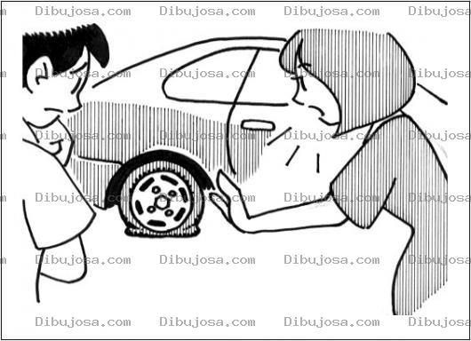 Dibujo para colorear Pinchazo Llanta Pinchada Dibujo De Neumatico Ponchado Para Pintar Y Colorear Mujer Pidiendo A Un Hombre Que Le Ayude A Cambiar La Llanta De Repuesto