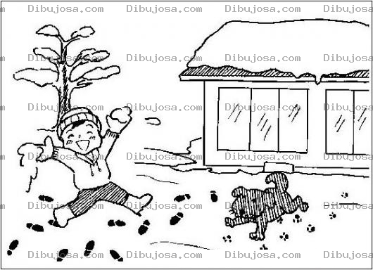 Dibujo para colorear Juegos De Nieve Dibujo De Nino Jugando Con Su Perro En La Nieve En Frente De Su Casa Para Pintar Y Colorear