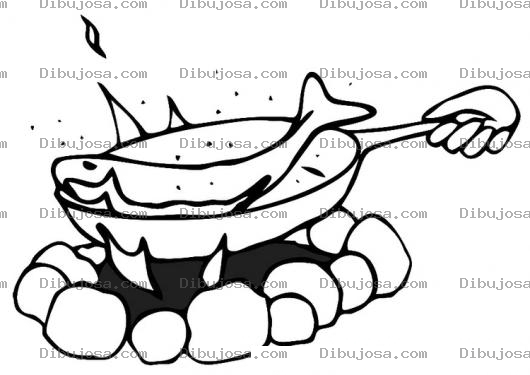 Dibujo para colorear Pescado Frito Dibujo De Sarten Con Pescado Guisado En Una Fogata Para Pintar Y Colorear A Una Persona Cocinando Un Rico Pescado