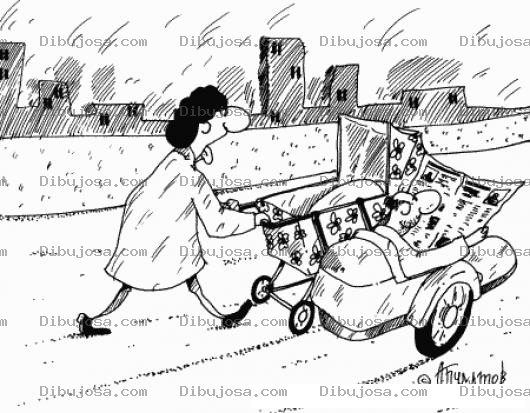 Dibujo para colorear Carruajes De Bebes Dibujo De Mujer Empujando El Carruaje De Un Bebe Con Un Carreton Lateral Donde Va El Papa Leyendo La Prensa Para Pintar Y Colorear hombre machista