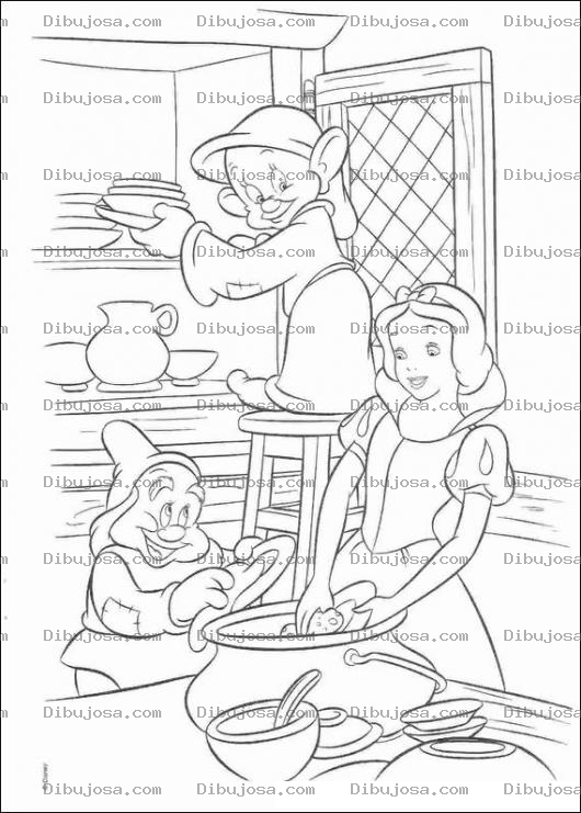 Dibujo para colorear Blanca Nieves lavando platos