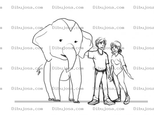 Dibujo para colorear Dibujo De Una Pareja Con Un Elefante Para Pintar Y Colorear A Un Hombre Acariciando A Un Elefantito