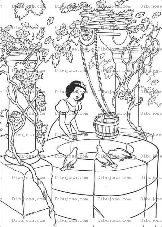 Dibujo para colorear Blanca Nieves frente al pozo