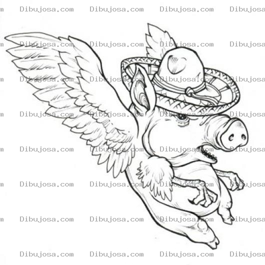 Dibujo para colorear Puerco Volador Dibujo De Marrano Mexicano Con Alas Para Pintar Y Colorear Cochinito Angelito Cerdo Alado
