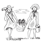 Dibujo para colorear Zanahorias Grandes Dibujo De Chicas Granjeras Con Una Canasta Llena De Zanahorias Para Pintar Y Colorear Mujeres Cosechando