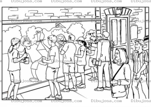 Dibujo para colorear Dibujo De Gente Dibujando Un Paisaje Con Ninos En Un Mural Para Pintar Y Colorear