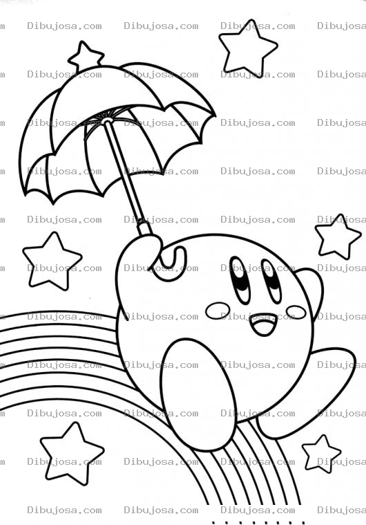 Dibujo para colorear Dibujo De Kirby Rebalandose De Un Arcoiris Con Una Sombrilla Para Pintar Y Colorear