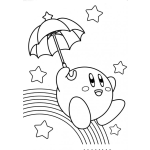 Dibujo para colorear Dibujo De Kirby Rebalandose De Un Arcoiris Con Una Sombrilla Para Pintar Y Colorear