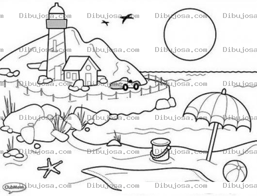 Dibujo para colorear Dibujo De Playa Frente Al Faro Para Pintar Y Colorear